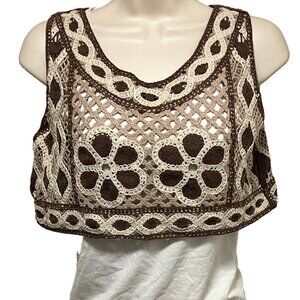 EUC Tan Crochet Crop Top with White Tank Top Size: Medium